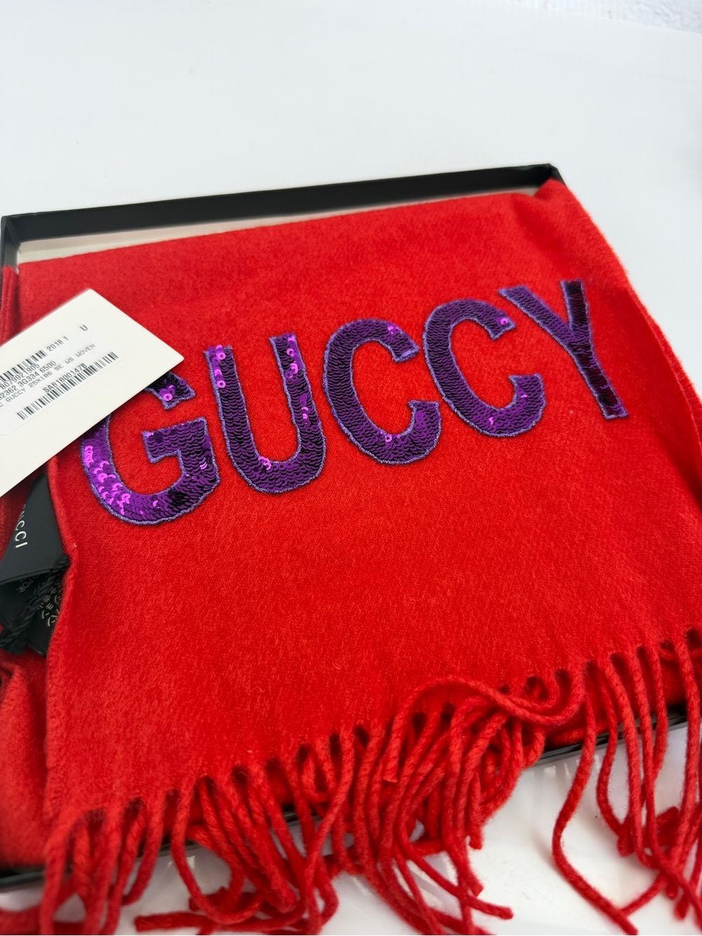 NWT Gucci Red Sequin Guccify Fringe Scarf